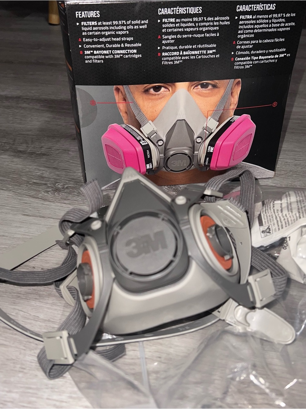 3M Reusable Half Face Respirator Mask - Gray with Pink Filters